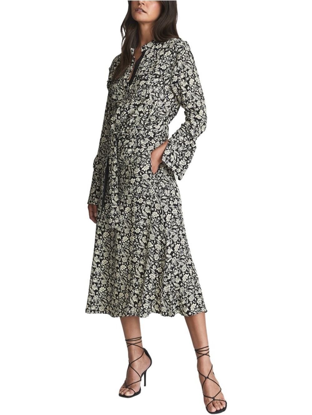 Reiss Black and White Floral Midi Dress